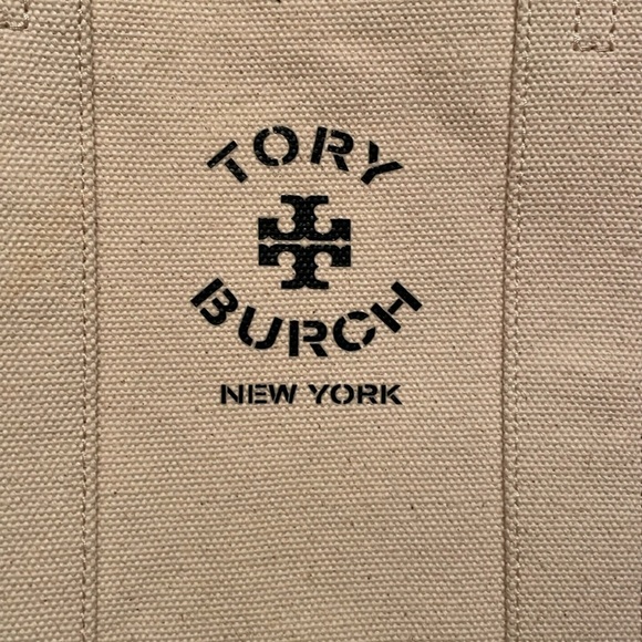 Tory Burch Mercer St. Canvas Tote Bag in Cream Navy Leather Straps - Picture 2 of 8